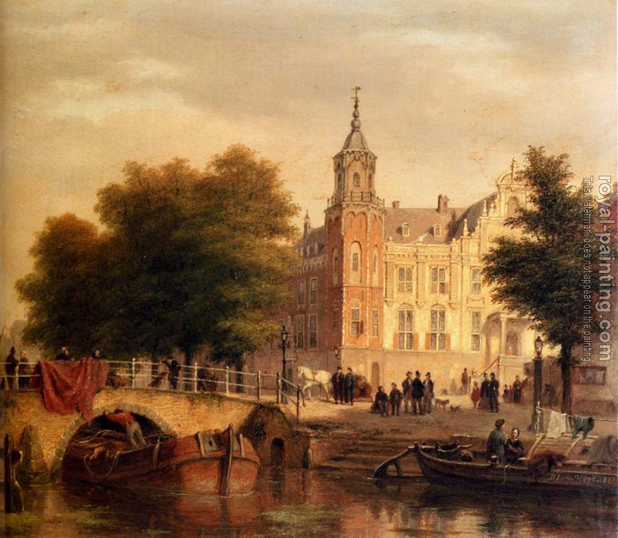 Bartholomeus Johannes Van Hove : A Sunlit Townview With Figures Gathered On A Square Along A Canal